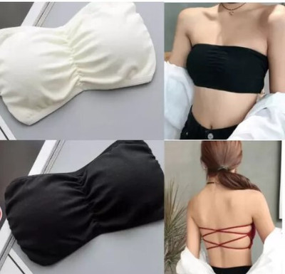 PreetyMore Women And Girls Full Coverage Viscose Lycra Pack Of 2 Women Bandeau/Tube Lightly Padded Bra(Black, White)