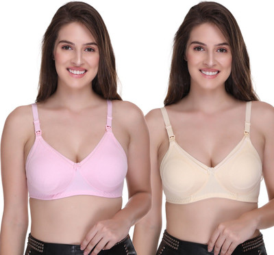 SONA Breast Feeding Maternity for Milk Feeding Elastic Straps for Nursing Women Maternity/Nursing Non Padded Bra(Pink, Beige)