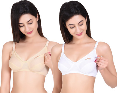 Auletics Women's Cotton Nursing Maternity Breastfeeding Full Coverage Bra Women Maternity/Nursing Non Padded Bra(Beige, White)