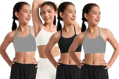 HouseOfCommon Magic Pack of 4 Girls Non Padded Thin Strap Bra for Girls Non-Wired Gym Workout Girls Training/Beginners Non Padded Bra(White, Grey, Black)