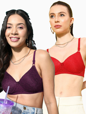 LEADING LADY Leading Lady Women's Lace Printed Lightly Padded T-Shirt Bra Pack of 2 Women T-Shirt Lightly Padded Bra(Red, Purple)