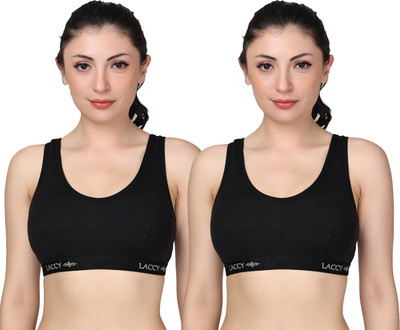 LACCY Women's Cotton Bra - Non Padded, Wirefree, High Coverage, (Pack of 2) Women Sports Non Padded Bra(Black)