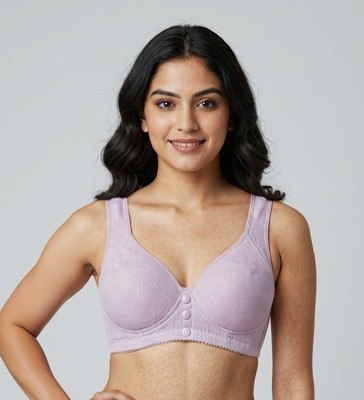 Lingerie Park Front Button Closure Patterns Soft Elastic Thin No Wire Lace Wide Shoulder Strap Women Sports Lightly Padded Bra(Purple)