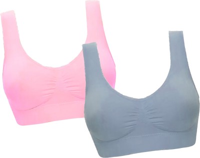 CHARMMODE Combo of 2 fully stretchable cotton everyday Sports bra Women Sports Non Padded Bra(Pink, Grey)