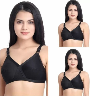 LIZBEE Front Cross Cotton Bra Women Full Coverage Non Padded Bra(Black)