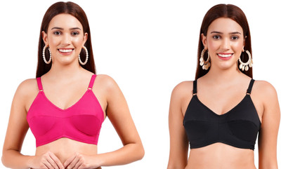 REAL SIGN Women Combo Full Coverage Cotton Non Padded Bra with Adjustable Straps Women Everyday Non Padded Bra(Pink, Black)