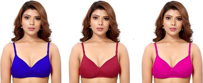 Shree Brahmani Corporation Women's Cotton Blend Full Comfortable Non-Padded Chami Bra For Everyday Wear Women Everyday Heavily Padded Bra(Blue, Maroon, Pink)