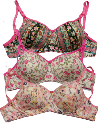 Narsingha Dreams Women's Cotton Blend Lightly Padded Wirefree Printed Bra Combo Women Full Coverage Lightly Padded Bra(Multicolor)