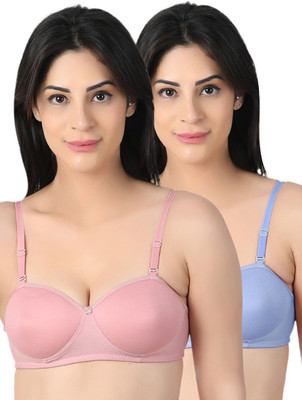 Women Vibes Women's Lightly Padded Wirefree half demi cup T-Shirt Bra Combo Women T-Shirt Lightly Padded Bra(Pink, Blue)