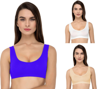 Guru Krupa Traders Women's Cotton Lycra Non Padded Pull On Spport Bra For Everyday Wear Women Sports Non Padded Bra(Blue, Gold, White)