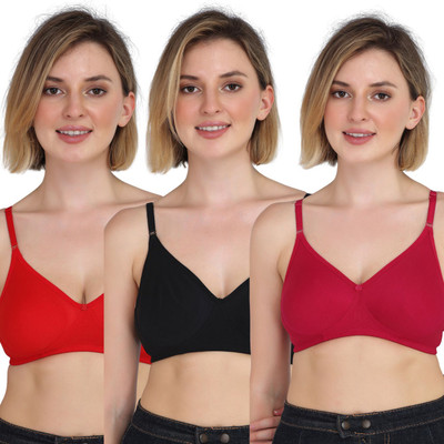 Aimly Aimly Women's Cotton Non-Padded Non-Wired Bra Black Red Rani 40 Pack of 3 Women T-Shirt Non Padded Bra(Multicolor)