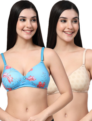 Erican ERPAD Women T-Shirt Lightly Padded Bra(Blue, Beige)