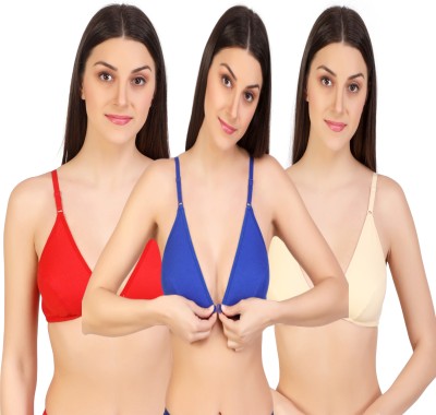 ALYANA Woman's Cotton Bra Combo Set Non Wired | Non Padded | Front-Open T-Shirt Bra Women Plunge Non Padded Bra(Red, Blue, Beige)