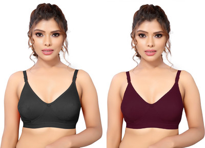 Shophousses Women's Cotton Blend Full Comfortable Non-Padded Chami Bra For Everyday Wear Women Everyday Non Padded Bra(Black, Maroon)