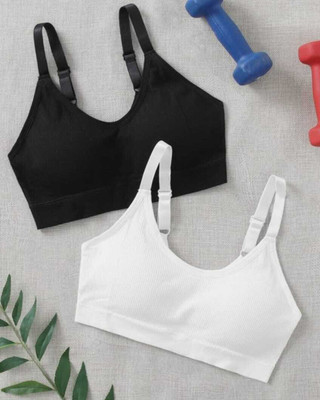 Wingslove Pack of 2 Women’s Cotton Blend Non-Padded Sports Bra Women Sports Non Padded Bra(White, Black)