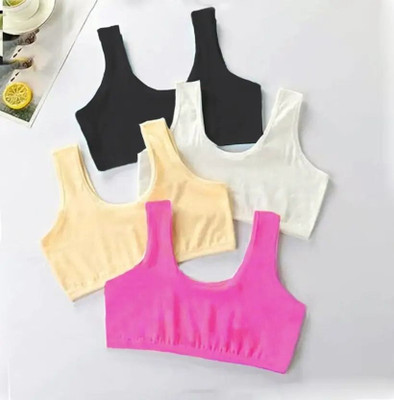 texello Pack of 4 Girls Stretchable Cotton sports non padded seamless sports gym bra Girls Training/Beginners Non Padded Bra(Black, White, Beige, Pink)
