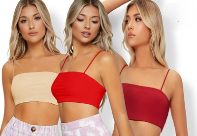 SHOWSTOPPER HUB Pack of 3 Women's Spaghetti Strap Sleeveless Cropped Cami Top Women Everyday Lightly Padded Bra(Multicolor)