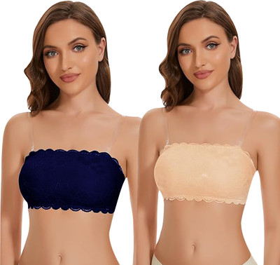 IndiRocks Women's Seamless Tube Bra - Lace - Stretchable - Transparent Straps Free Women Bandeau/Tube Lightly Padded Bra(Beige, Dark Blue)