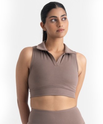 HUNNIT Zen Polo Neck 2 in 1 Sports Bra for Womens - Mocha Brown Women Sports Lightly Padded Bra(Brown)