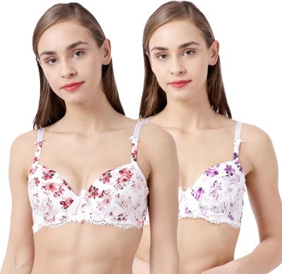 Susie Susie Demi-Coverage Floral Print Lace Underwired Everyday Padded Bra - PACK OF 2 Women Balconette Lightly Padded Bra(Multicolor)