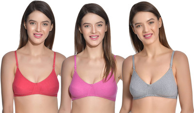 Aimly Women's Cotton Non-Padded Non-Wired Full Coverage Regular Bra (PACK OF 3) Women Full Coverage Non Padded Bra(Grey, Pink, Red)