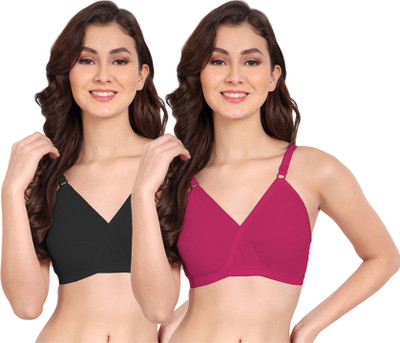 FIMS Women Cotton Blend Solid Non-Padded Black Pink Women Everyday Non Padded Bra(Black, Pink)