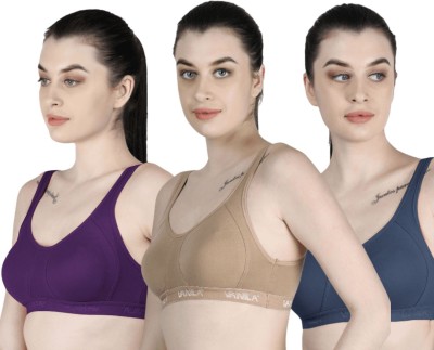 Vanila B Cup Size Seamless and Comfortable Cotton Slip-On(Size 30, Pack of 3) Women Sports Non Padded Bra(Beige, Purple, Grey)