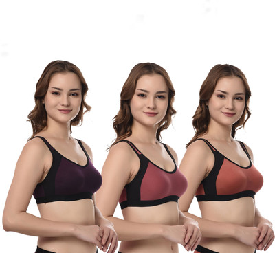 ASHMIRAS Pack of 3 Women Sports Non Padded Bra(Orange, Pink, Purple)