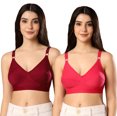 Paavki Pack of 2 PC Cotton Elastane Stretch Wire Free Non Padded Full Coverage Bra Women Everyday Non Padded Bra(Maroon, Red)