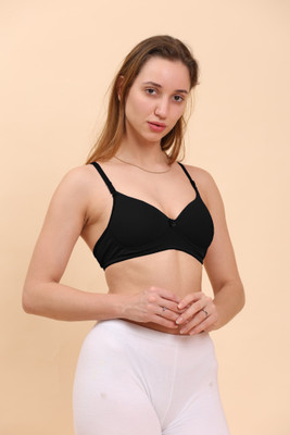 Nakshu Women's Padded Wire free Double Fabric Breathable Net Spacer Bra Women Push-up Lightly Padded Bra(Black)