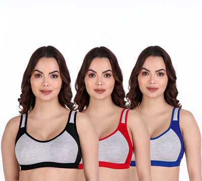 ASHMIRAS Combo of 3 Women Sports Non Padded Bra(Multicolor)
