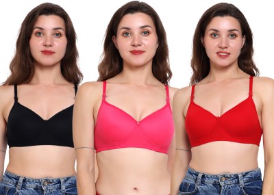 Hiwaga Super Combed Cotton Everyday Bra with Concealed Shaper Panel (Pack of 3) Women Full Coverage Lightly Padded Bra(Black, Red, Pink)