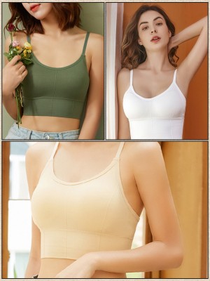 Oineex Women T-Shirt Lightly Padded Bra(Green, White, Beige)