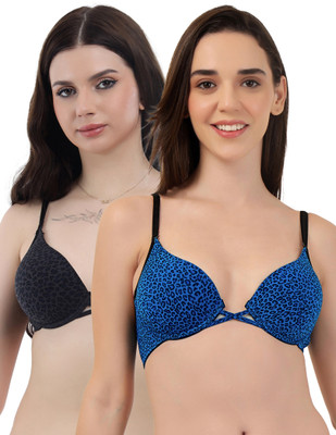 Selfcare Women Leopard Print Soft Nylon Lycra Padded Underwire Plunge Bra-SN4235 Women Plunge Lightly Padded Bra(Blue, Black)