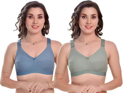 LADHAVA Fashionable Cotton Bra for Women – Solid, Comfy, Full Coverage Women Everyday Lightly Padded Bra(Blue, Light Green)