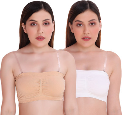 PLUMBURY Padded Seamless Strapless Multi-Way Tube Bra with Back Hook Closure and Removable Transparent and Same Color Straps Women Bandeau/Tube Lightly Padded Bra(White, Beige)