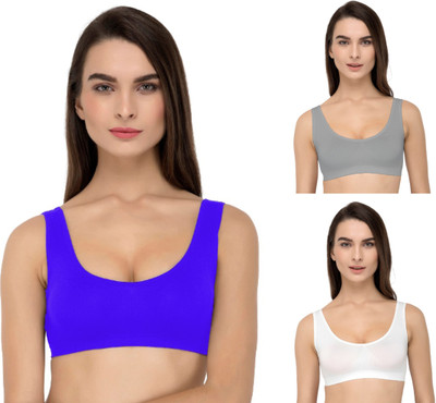 Guru Krupa Traders Women's Cotton Lycra Non Padded Pull On Spport Bra For Everyday Wear Women Sports Non Padded Bra(Blue, Grey, White)