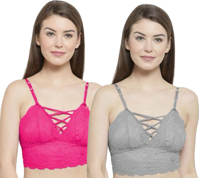 IndiRocks Women's Lace Solid Padded Full Cup Wire Free Bralette Bra Women Bralette Lightly Padded Bra(Grey, Pink)