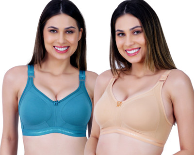 Ladyland Damani women Cotton 4 hook bra Women T-Shirt Non Padded Bra(Blue, Beige)