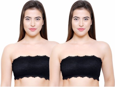 GARMONY Women Transparent Straps Tube Top Lace Net Bra / Bralette With Pad Women Bandeau/Tube Lightly Padded Bra(Black)