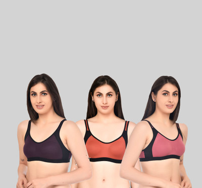 ASHMIRAS Pack of 3 Women Sports Non Padded Bra(Orange, Pink, Purple)