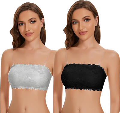 IndiRocks Women's Seamless Tube Bra - Lace - Stretchable - Transparent Straps Free Women Bandeau/Tube Lightly Padded Bra(Black, Grey)