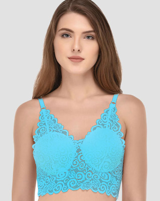Pollo Loco Sky Lace Non-Wired Lightly Padded Bralette Bra Women Balconette Lightly Padded Bra(Light Blue)