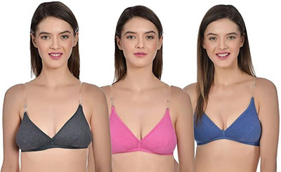 Aimly Women's Cotton Non-Padded Non-Wired Low Coverage Trasparent Multiway Strap Regular Bra (Pack of 3) Women T-Shirt Non Padded Bra(Multicolor)