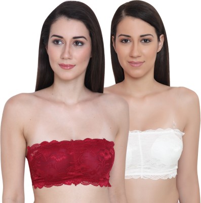 Glamoras LACETUBE Women Bandeau/Tube Lightly Padded Bra(White, Maroon)