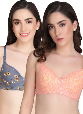 Liigne Printed Padded Bra (Pack Of 2) Women Full Coverage Lightly Padded Bra(Grey, Orange)