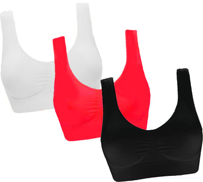 CHARMMODE Combo of 3 fully stretchable cotton everyday Sports bra Women Sports Non Padded Bra(Red, White, Black)