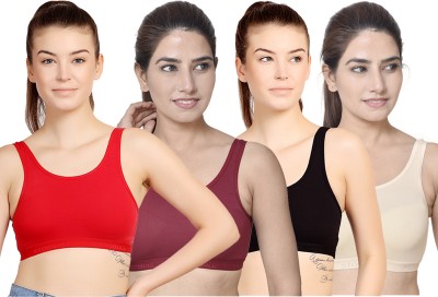 STOGBULL Cotton Lycra Sports Bra combo pack of 4 for Gym Yoga Exercise Running Workout Women Sports Non Padded Bra(Red, Maroon, Black, Beige)