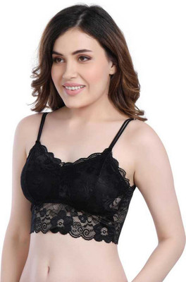SWIFFIN Women's Floral Lace Longline Bralette with Double Strap Design Women Bralette Lightly Padded Bra(Black)
