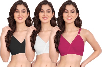 FIMS Women Cotton Blend Solid Non-Padded Black White Pink Women Everyday Non Padded Bra(Black, White, Pink)